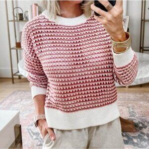 Old Navy Open Stitch Knit Sweater Red Cream Crew Neck Pullover Preppy Small